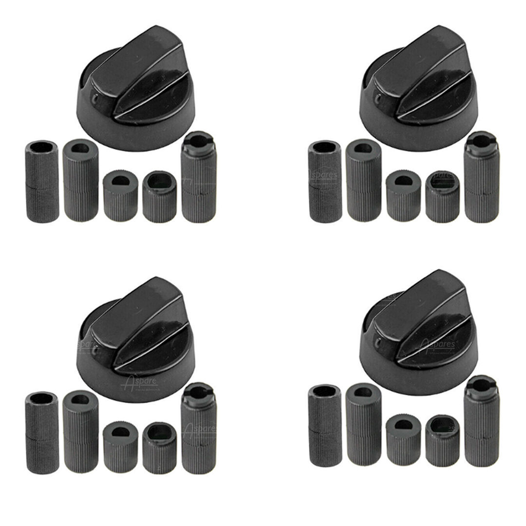4x Diplomat Oven Cooker Black Hob Flame Burner Control Switch Knobs + 5 Adaptor