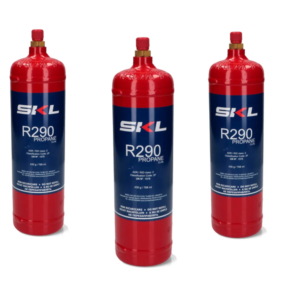 3x SKL Refrigerant Approval CE Red Coolant Gas R290 430g (Pack Of 4)